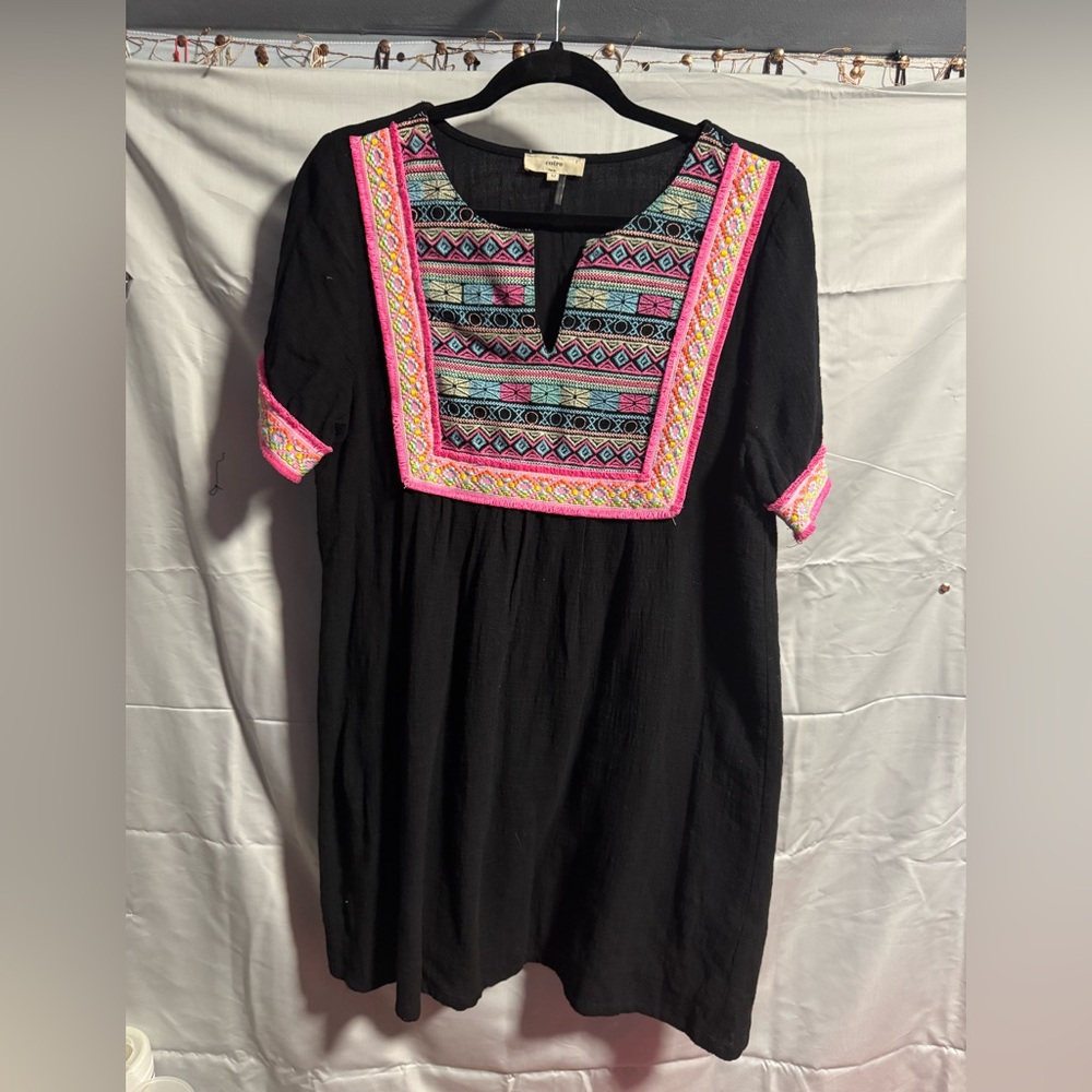 Entro Black Dress with Pink and Blue Embroidery